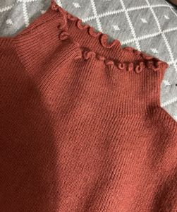 Rust-Colored Ribbed Mock Neck Top