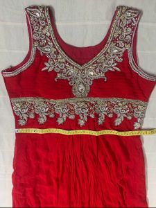 Red Flared Gown/Dress With Heavy Embroidery
