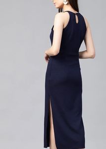 (Navy Blue)Halter Neck Bodycon Dress With Side Slit