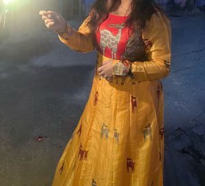 Stylish Yellow Printed Ethnic Gown