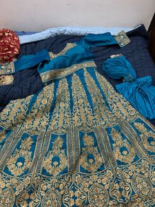 Teal &amp; Gold Anarkali Dress Front And Back Work