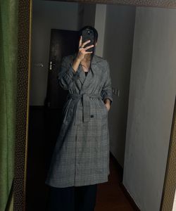 Plaid Grey Check Double Breasted Trench Coat