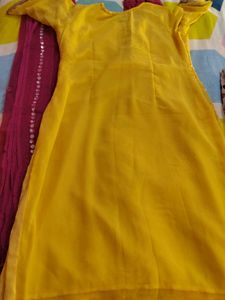 3 Peace Yellow Suit Set With Palazzo And Duppta