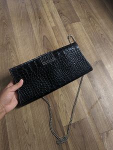 Black Croc Embossed Clutch with Chain Strap