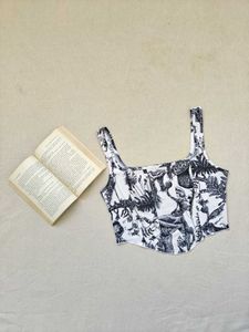 Black &amp; White Dragon Print Crop Top