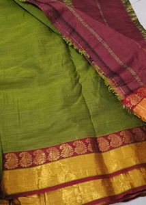 Traditional Soft Cotton Green & Maroon Saree