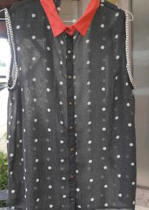 Sheer Black🖤Button-Down With Orange Collar🍊✨️