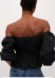 Women Cotton Black Striped Seersucker Bardot Top