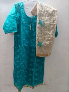 Teal Embroidered Kurti Set