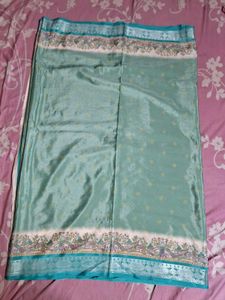Silk Silver Zari Saree - Turquoise &amp; White