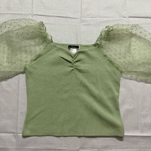 Pastel Green Puff Sleeve Mesh Top
