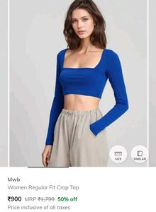 Blue Square Neck Long Sleeves Slim Fit Crop Top