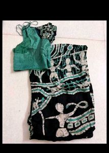 Black & Green Abstract Print Saree with Blouse