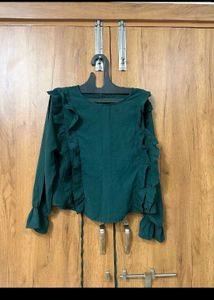 Green Ruffle Trim Blouse