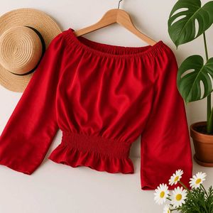 New Korean Red Smocked Top