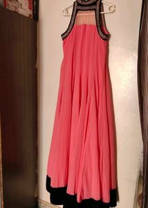 Coral Anarkali Dress with Embellished Neck