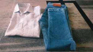 Stylish Blue Jeans With Check Shirt.