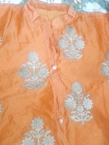 Orange Floral Embroidered Kurti