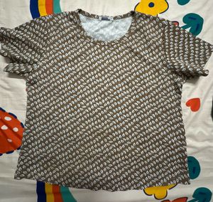 Brown &amp; White Print Top