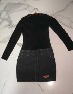 Black Long Sleeve Denim Mini Winter Dress
