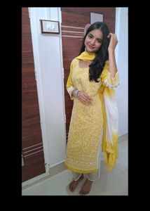 Yellow Embroidered Kurti Set