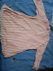 Casual Orange-White Striped T Shirt For Women