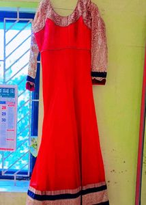 Red &amp; Gold anarkali gown with velvet bodice