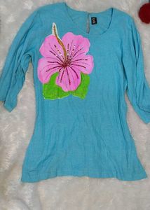 Blue Top with Floral Applique