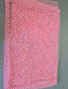 Stone Studded Pink Floral Embroidered Saree