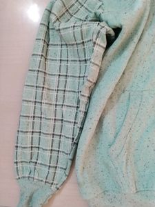 Mint Green Plaid Sleeve Zip Up Hoodie
