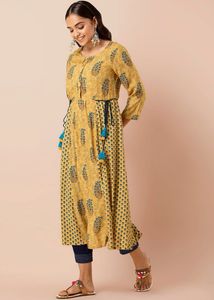 INDYA Mustard Printed Side-Tie A-Line Kurta