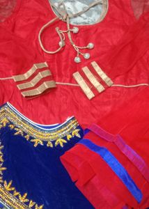 Red &amp; Blue Embroidered Lehenga Choli