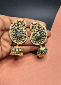 Beautiful Grey Meenakari Kundan Earrings