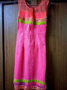 Neon Pink Sequin Sleeveless Kurti And Legg