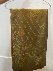 Mehendi & Orange Color Sari With Stitched Blouse