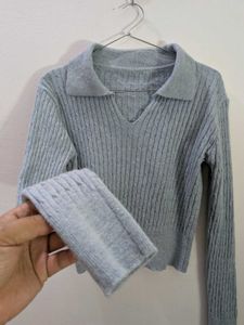 Grey Knit Polo Sweater