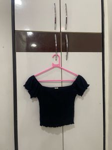 Black Off-shoulder Smocked Top &amp; Pink Bag Combo