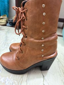Brown Lace-Up Heel Boots