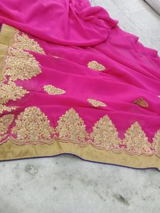 Pink Saree With Golden Zari Work