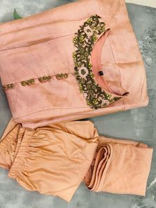 Peach Silk Gown Set with Embroidered Neckline