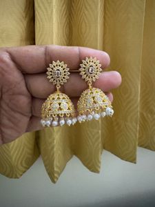 white AD Stone Golden Jhumka  For Women’s &amp; Girls