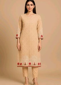 Elegant Beige Embroidered Kurta with Trouser Set