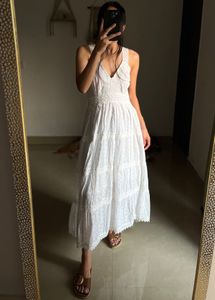 White Tiered Lace Trim Maxi DRESS