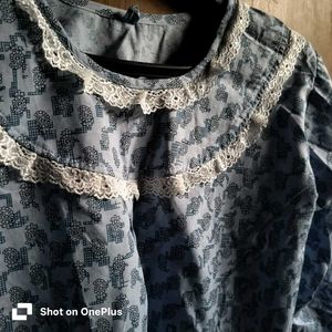 Clovia Rich cotton blue floral lace night suit