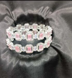 Pink Gemstone Silver Bangle Set