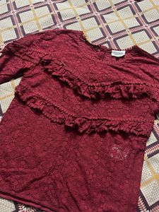 Burgundy Lace Ruffle Top