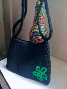 Crochet Black Bag with Green Flower