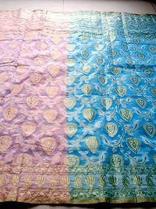 All Over Zari Work Half-Half Saree| Cyan Blue-Pink