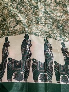 Tussar Silk Green Horse Print Saree