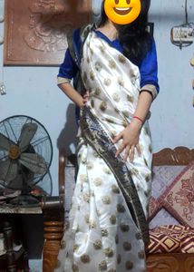 Elegant White Embroidery Saree with Blue Border